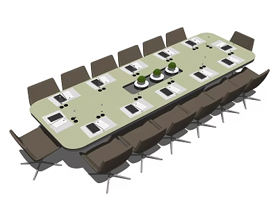 Long Modern Conference Table With Green Potted Plants Tablets And Multiple Brown Chairs 3d model