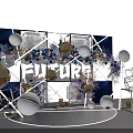 Modern Stage Design With Geometric Frames Blue Background Gold White Spheres Floral Decorations FUTURE Lettering