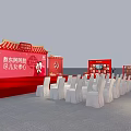 Red Themed Exhibition Booth Interior With Stage Seats And Display Counters 3d model