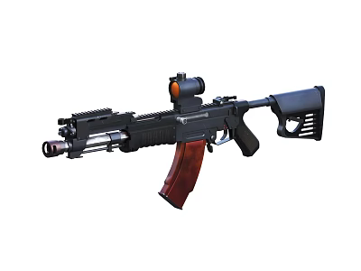 Tactical Assault Rifle with Black Metal Body Red Wooden Stock and Mounted Scope 3d model