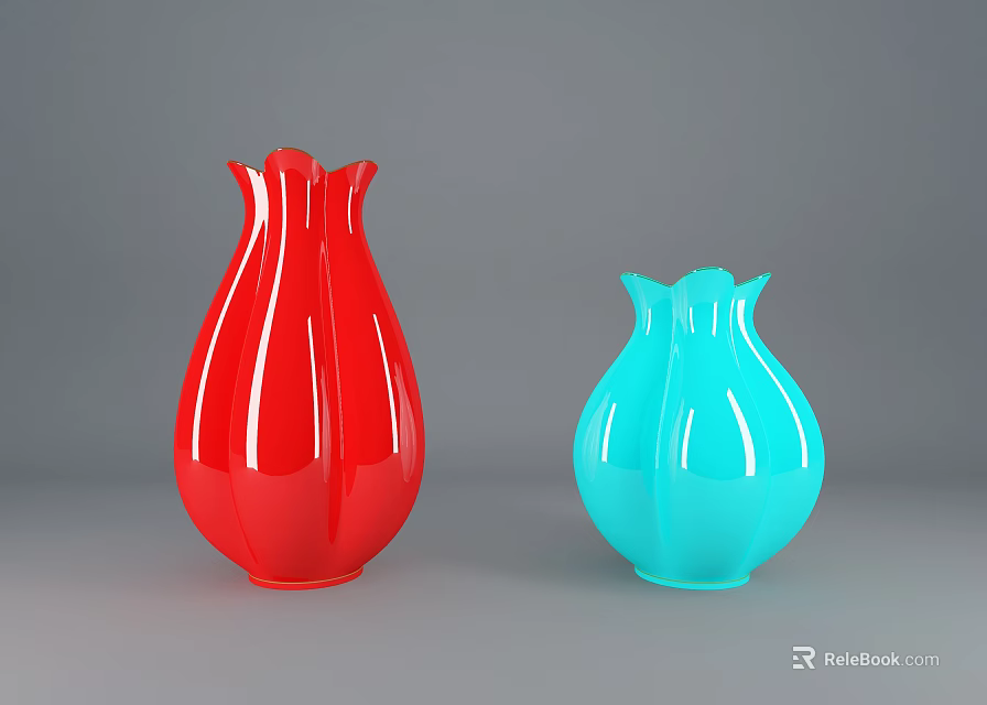 Two Decorative Ceramic Vases Red And Blue Placed On Gray Background 3d model 