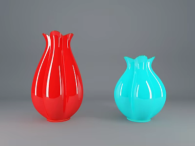 Two Decorative Ceramic Vases Red And Blue Placed On Gray Background 3d model