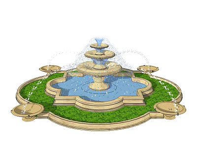 Decorative Multi Tiered Water Fountain With Flowing Water And Green Lawn Surroundings 3d model
