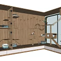 Wooden Multi level Cat Furniture With Platforms Small Houses And Bowls