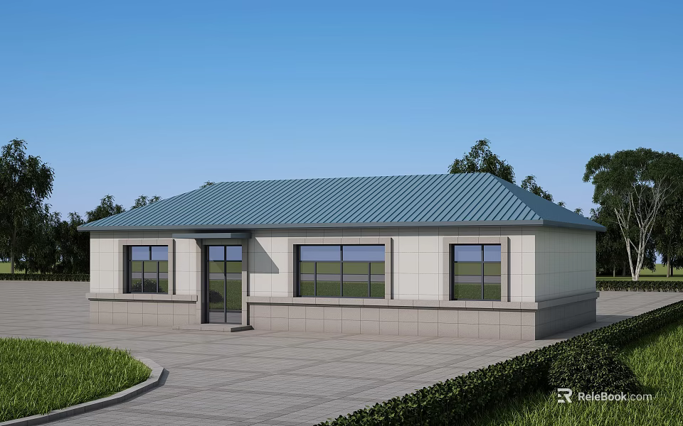 Single Story Rural Self Built House With Blue Roof Light Colored Walls And Concrete Courtyard 3d model 