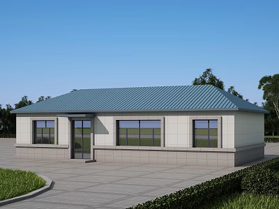 Single Story Rural Self Built House With Blue Roof Light Colored Walls And Concrete Courtyard 3d model
