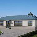 Single Story Rural Self Built House With Blue Roof Light Colored Walls And Concrete Courtyard