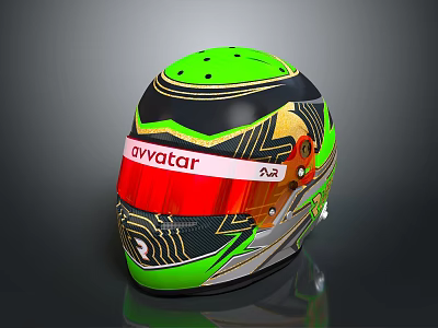 Green and Black Helmet Design With Red Visor Avatar Lettering And Gold Patterns 3d model