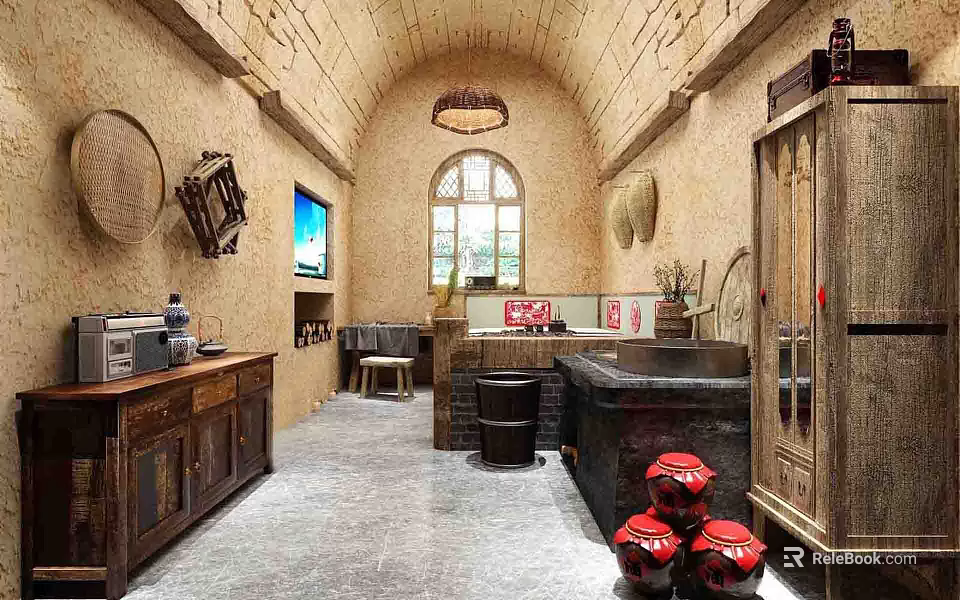 Traditional Style Hotel Room Interior With Arched Window Wooden Furniture TV And Bathtub 3d model 