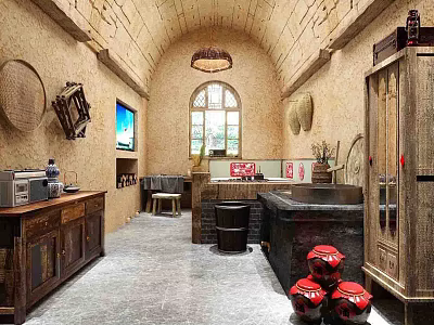 Traditional Style Hotel Room Interior With Arched Window Wooden Furniture TV And Bathtub 3d model