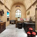 Traditional Style Hotel Room Interior With Arched Window Wooden Furniture TV And Bathtub