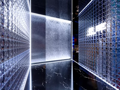 Modern Shop Front Desk Interior With Glass Block Walls Marble Floor And LED Strip Lights 3d model