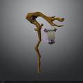 Wooden Branch Shaped Staff With Hanging Scroll And Purple Decorative Elements 3d model