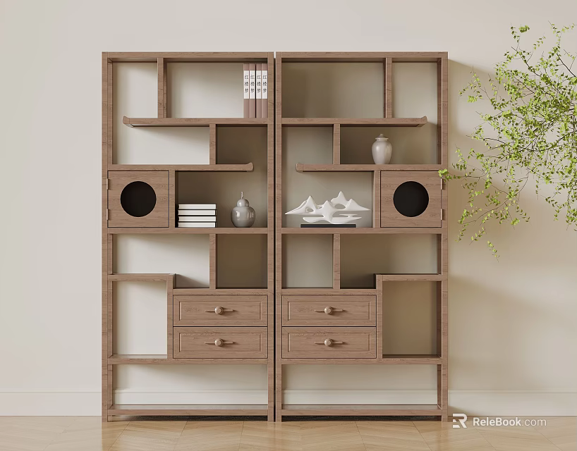 Wooden Display Shelf With Compartments Drawers And Decorative Items For Interior Decor 3d model