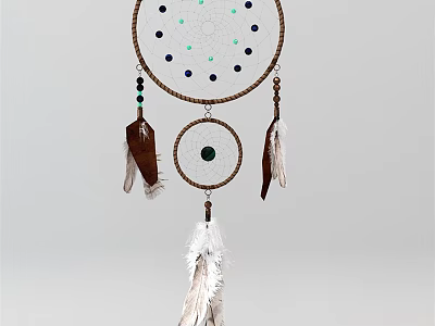 Dreamcatcher Pendant With Circular Frame Blue Black Dots Green Gemstone Brown White Feathers Green Beads 3d model