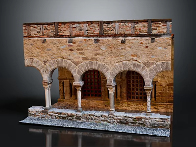 Ancient Architecture Model Featuring Stone Arched Doorways Columns Brick Railing And Stone Base 3d model
