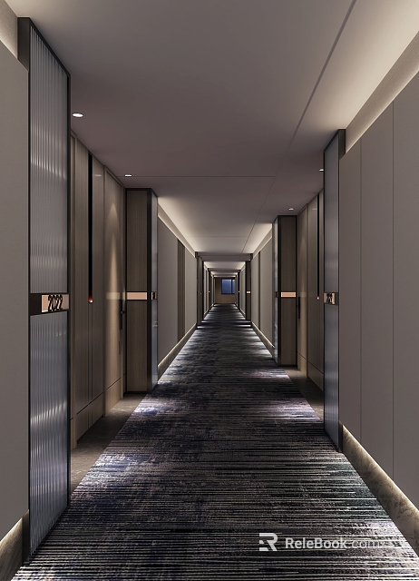 Modern Hotel Corridor With Long Carpeted Floor Recessed Lighting And Wooden Panel Walls 3d model 