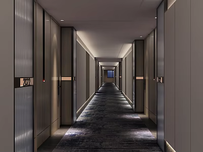 Modern Hotel Corridor With Long Carpeted Floor Recessed Lighting And Wooden Panel Walls 3d model