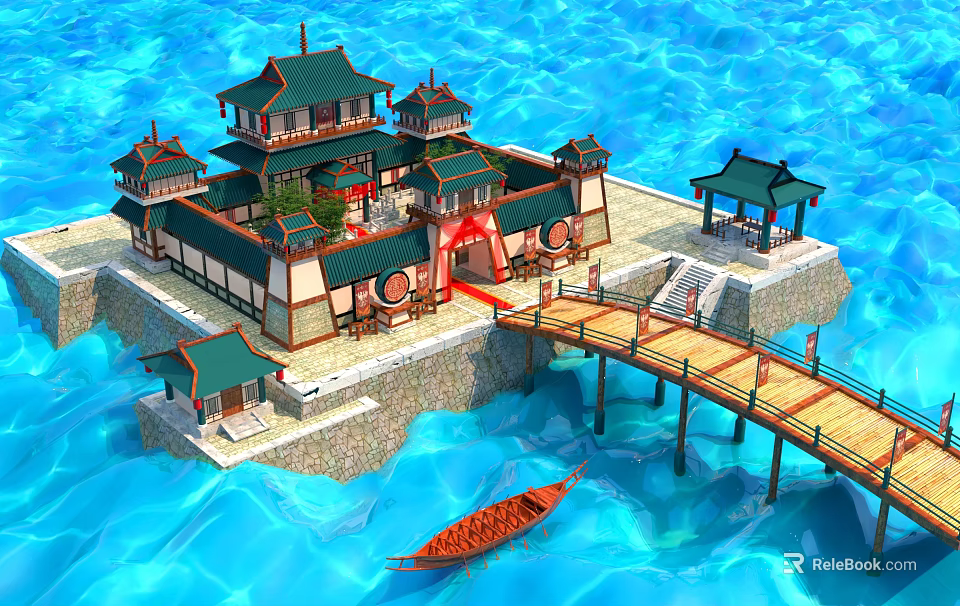 Ancient Chinese Architecture Featuring Multi Tiered Green Roofs Stone Foundation Wooden Bridge And Boat 3d model 