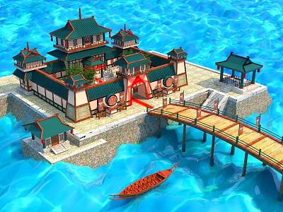 Ancient Chinese Architecture Featuring Multi Tiered Green Roofs Stone Foundation Wooden Bridge And Boat 3d model