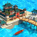 Ancient Chinese Architecture Featuring Multi Tiered Green Roofs Stone Foundation Wooden Bridge And Boat