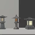 Traditional Japanese Stone Lanterns With Pagoda Tops And Translucent Glass Windows
