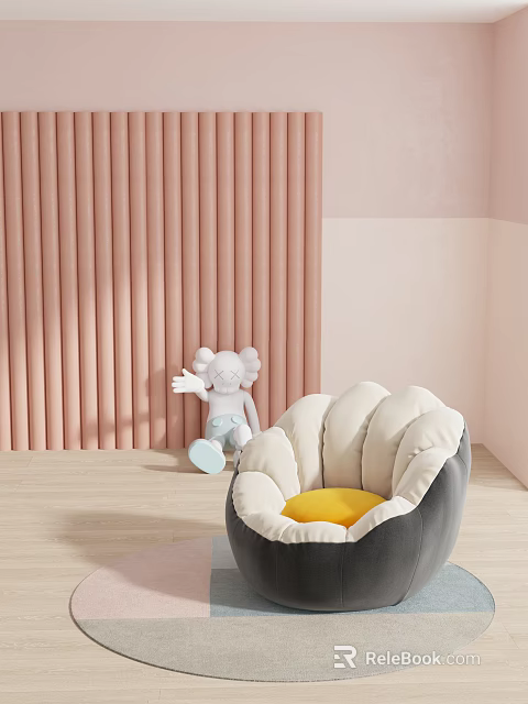 Stylish Gray And White Single Sofa With Yellow Cushion And Pink Vertical Striped Background 3d model 