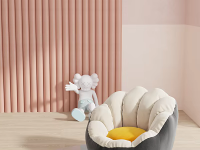 Stylish Gray And White Single Sofa With Yellow Cushion And Pink Vertical Striped Background 3d model