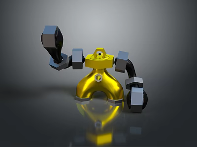 Shiny Golden Robot Character With 3D Black Mechanical Arms And Yellow Round Head 3d model