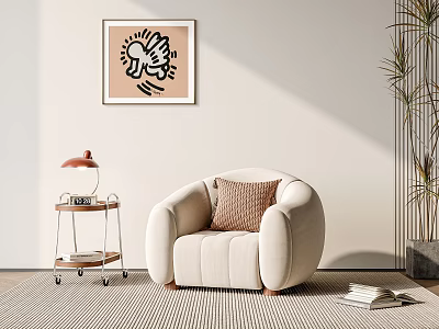 Plush Beige Single Sofa With Cushion Wall Art Side Cart Plant And Rug 3d model