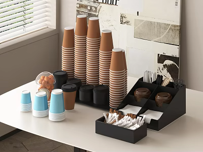 Blue And Brown Stacked Paper Cups With Coffee Lids Sugar Packets Stirrers On Organizer Table 3d model