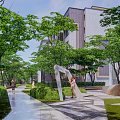 Garden Landscape Design With Lush Green Trees Stone Steps And People Resting