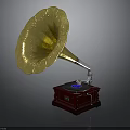 Vintage Gramophone With Golden Horn Dark Wooden Base And Vinyl Record
