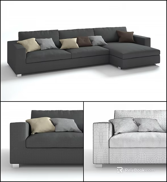 Modern Gray Upholstered Sectional Sofa With Various Colored And Patterned Pillows 3d model