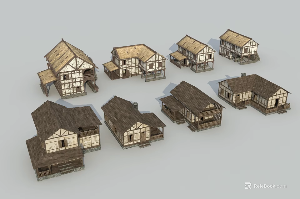 Traditional Detached Houses With Wooden Structure And Various Architectural Designs 3d model 