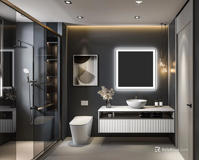 Elegant Modern Bathroom Interior Design With Glass Shower Vanity Backlit Mirror And Decorative Art 3d model 