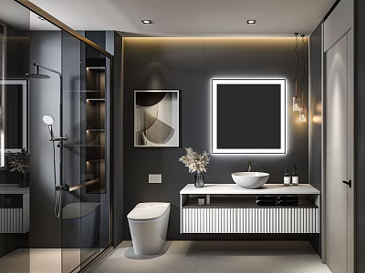 Elegant Modern Bathroom Interior Design With Glass Shower Vanity Backlit Mirror And Decorative Art 3d model