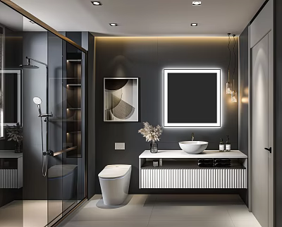 Elegant Modern Bathroom Interior Design With Glass Shower Vanity Backlit Mirror And Decorative Art 3d model