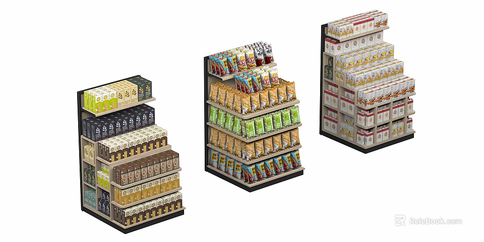 Well Stocked Retail Shelves Displaying Various Packaged Snacks And Food Products 3d model 
