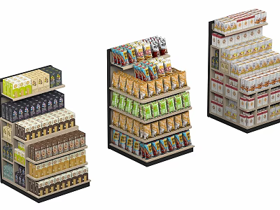 Well Stocked Retail Shelves Displaying Various Packaged Snacks And Food Products 3d model