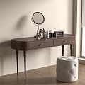 Wooden Dressing Table With Round Mirror Cosmetics And White Padded Stool 3d model