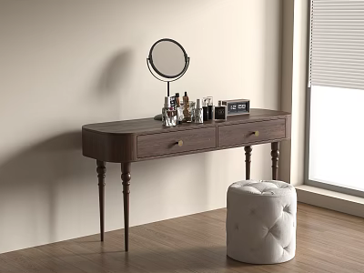 Wooden Dressing Table With Round Mirror Cosmetics And White Padded Stool 3d model