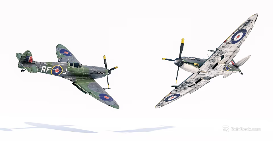 Two Green And White Vintage Fighter Planes In Flight With Propellers And Roundel Markings 3d model 