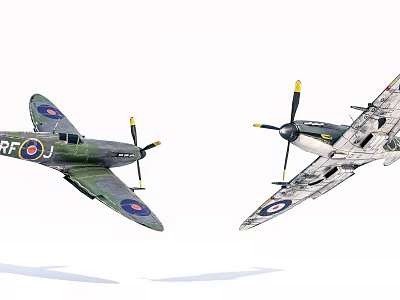 Two Green And White Vintage Fighter Planes In Flight With Propellers And Roundel Markings 3d model