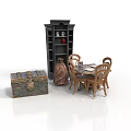 Architectural Interior Featuring Black Tall Cabinet Carved Chest Bronze Vase And Wooden Table Chairs
