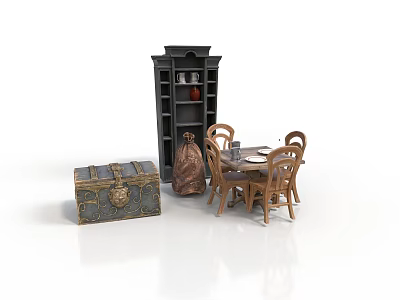 Architectural Interior Featuring Black Tall Cabinet Carved Chest Bronze Vase And Wooden Table Chairs 3d model