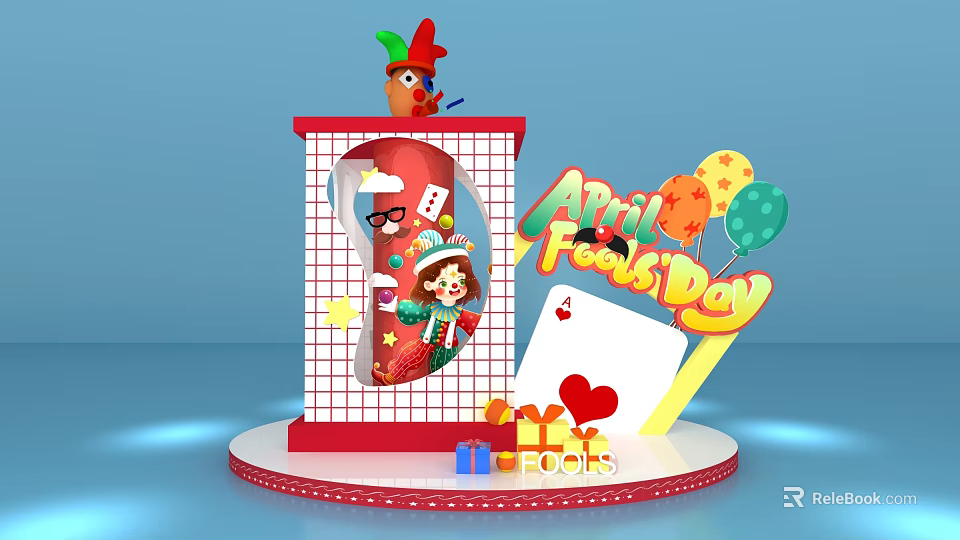 April Fools Day Themed Display With Jester Figure Playing Card Balloons And Gift Boxes 3d model 