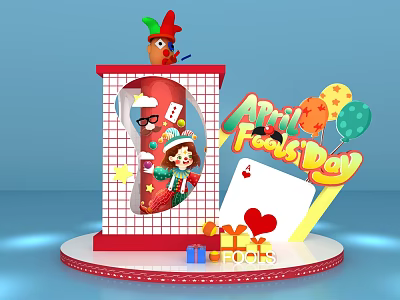 April Fools Day Themed Display With Jester Figure Playing Card Balloons And Gift Boxes 3d model