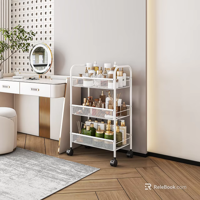 Modern Dressing Table with Three Tier White Metal Rolling Cart and Skincare Cosmetic Products 3d model 