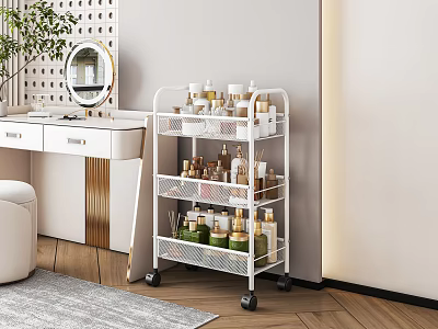 Modern Dressing Table with Three Tier White Metal Rolling Cart and Skincare Cosmetic Products 3d model